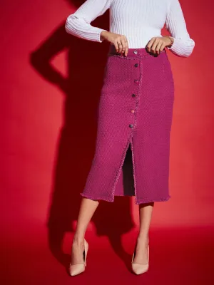 Women Magenta Tweed Front Button Midi Skirt