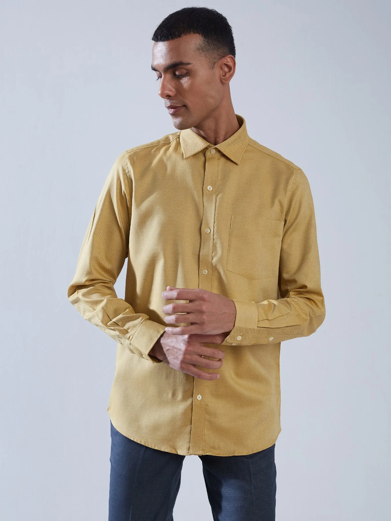 100% Cotton Yellow Slim Fit Full Sleeve Formal Mens Plain Shirt