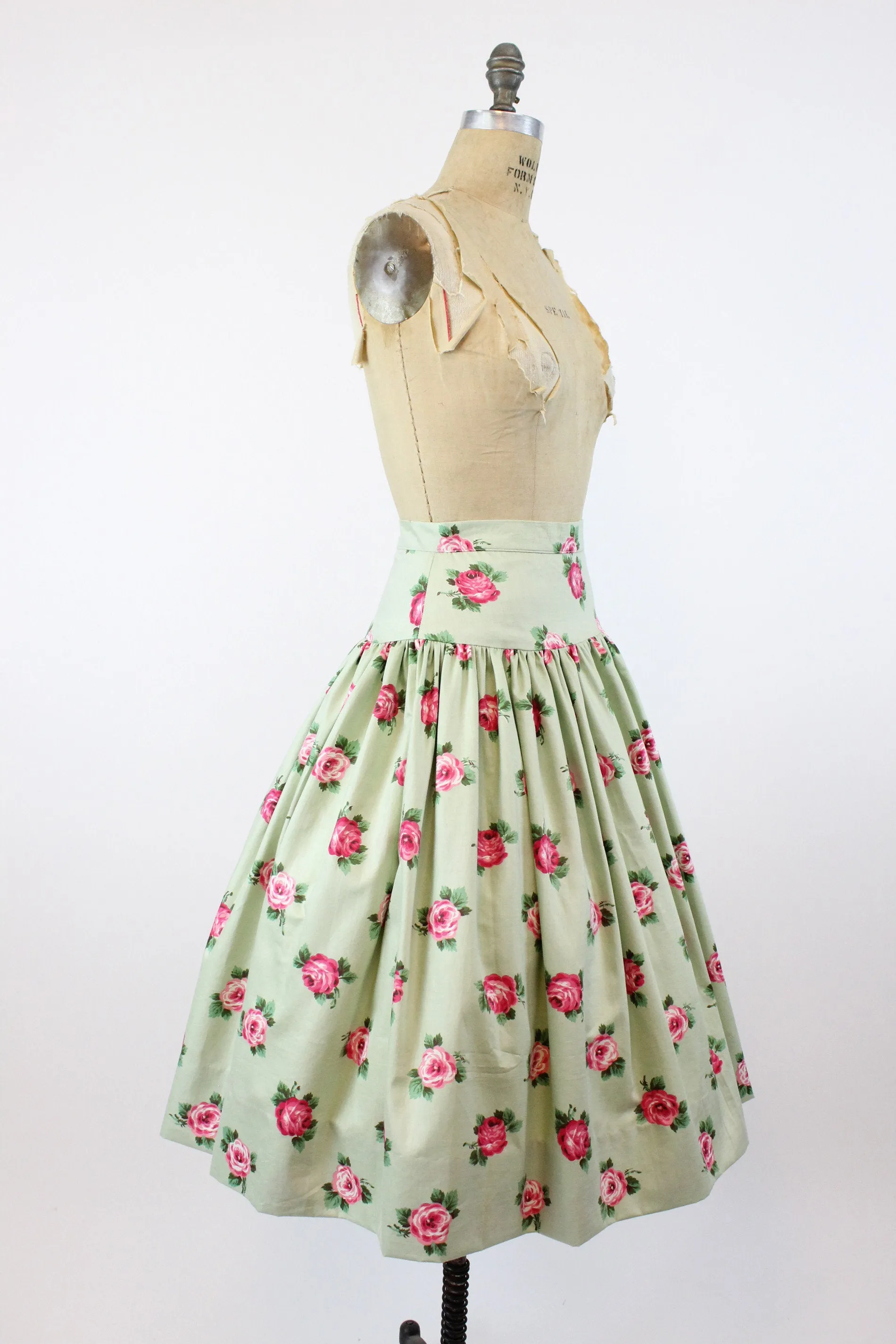 1950s rose print skirt pistachio chintz cotton xs | new spring summer