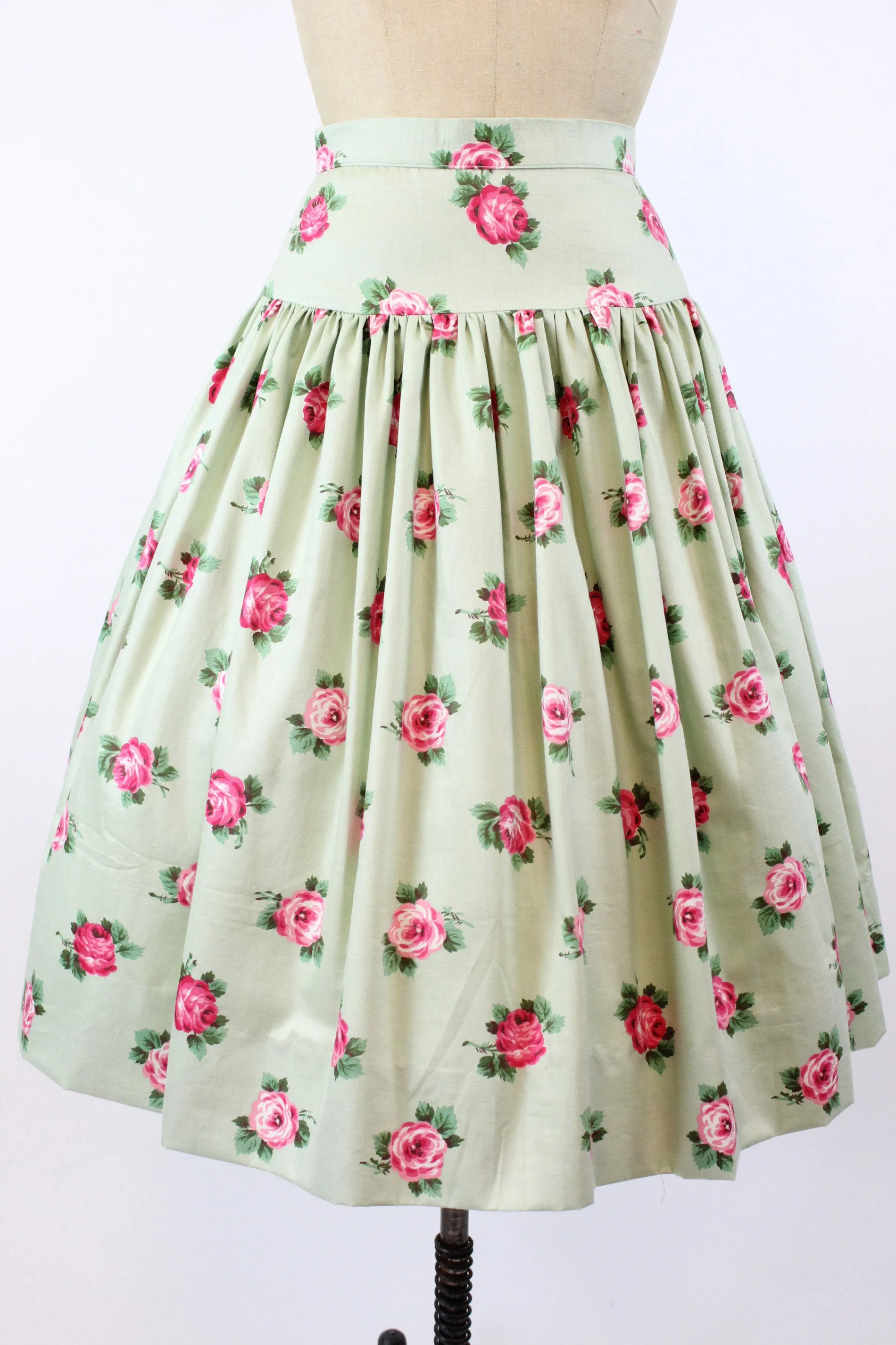 1950s rose print skirt pistachio chintz cotton xs | new spring summer