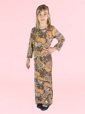 24seven Comfort Apparel Brown Fall Print Girls Long Sleeve Side Slit Maxi Dress