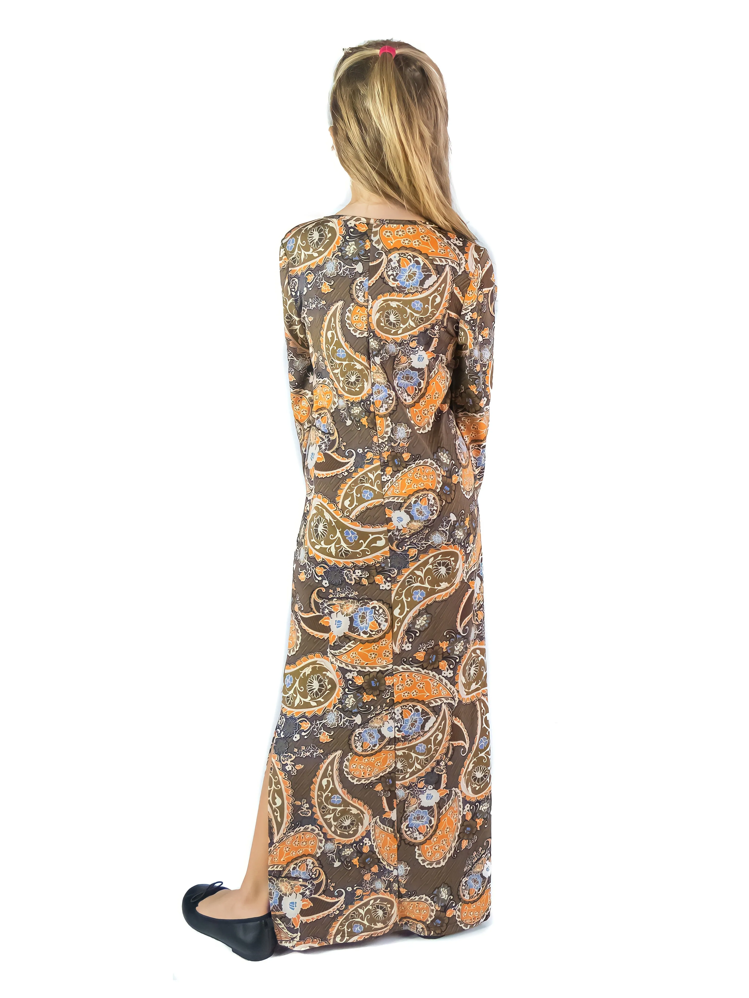 24seven Comfort Apparel Brown Fall Print Girls Long Sleeve Side Slit Maxi Dress