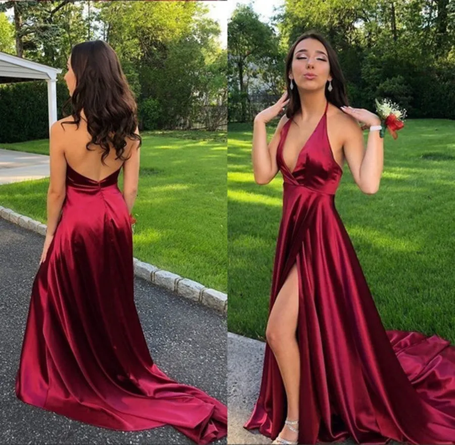 A Line Halter V Neck Backless Burgundy Satin High Slit Long Prom with Train, Burgundy Formal, Evening