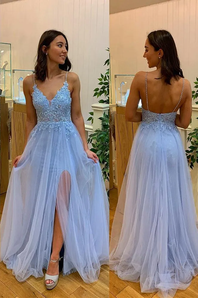 A-line Spaghetti Straps V Neck Light Blue Split Applique Long Prom Dress