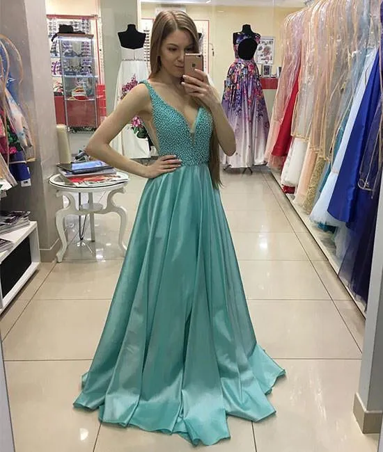 A Line V Neck Beaded Satin Long Prom Dress, V Neck Satin Formal Dress, Evening Dress