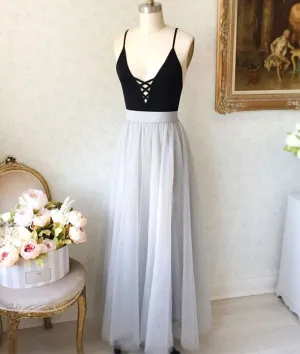 A Line V Neck Black Top Gray Prom Dresses, Gray Formal Dresses, V Neck Black Top Gray Evening Dresses, Graduation Dresses