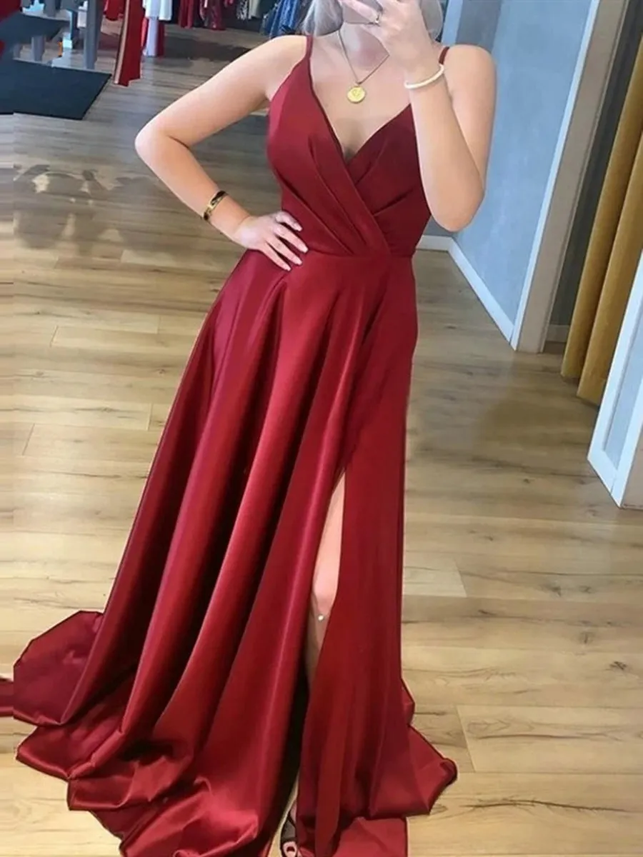 A Line V Neck Burgundy Long Prom with Leg Slit, V Neck Burgundy Formal Graduation Evening