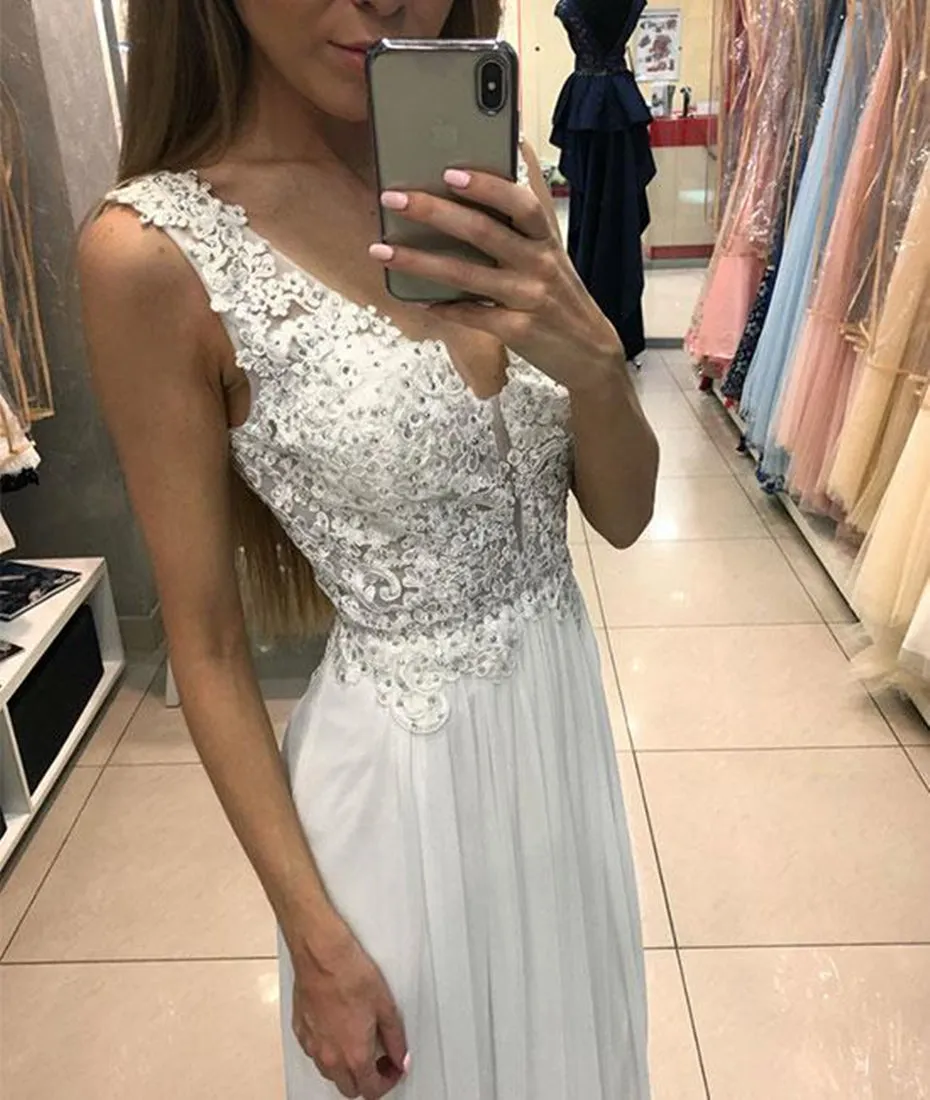 A Line V Neck Lace White Chiffon Long Prom Dresses, White Lace Formal Evening Dresses, White Lace Graduation Dresses