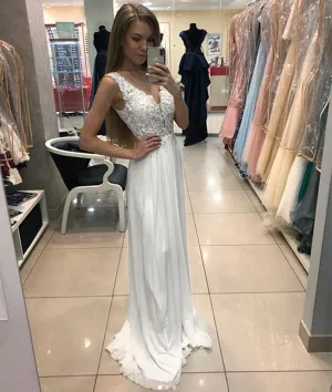 A Line V Neck Lace White Chiffon Long Prom Dresses, White Lace Formal Evening Dresses, White Lace Graduation Dresses