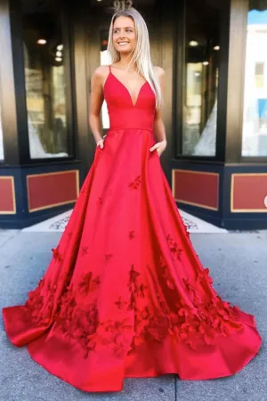 A Line V Neck Red Satin Floral Long Prom Dress, V Neck Red Formal Dress, Red 3D Flower Evening Dress