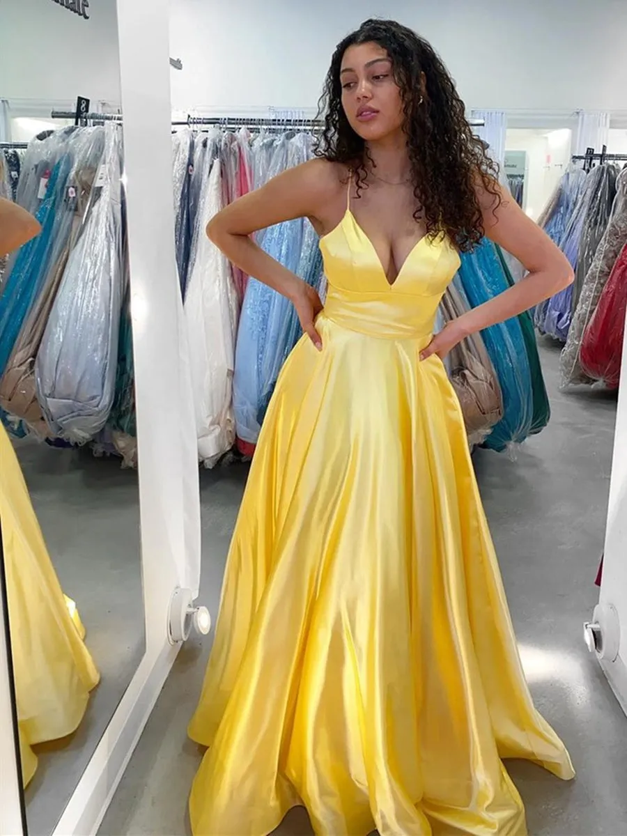 A Line V Neck Yellow Satin Long Prom, Yellow Satin Long Formal Evening