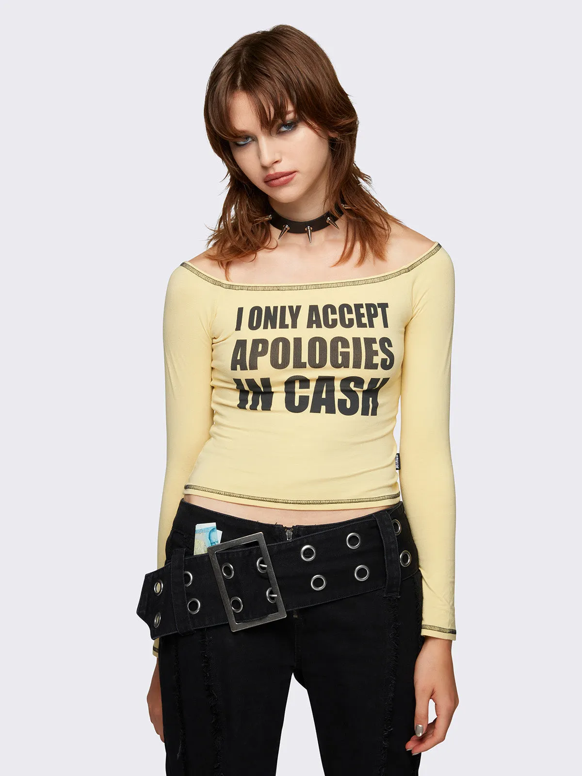 Apologie$ Off-Shoulder Graphic Top