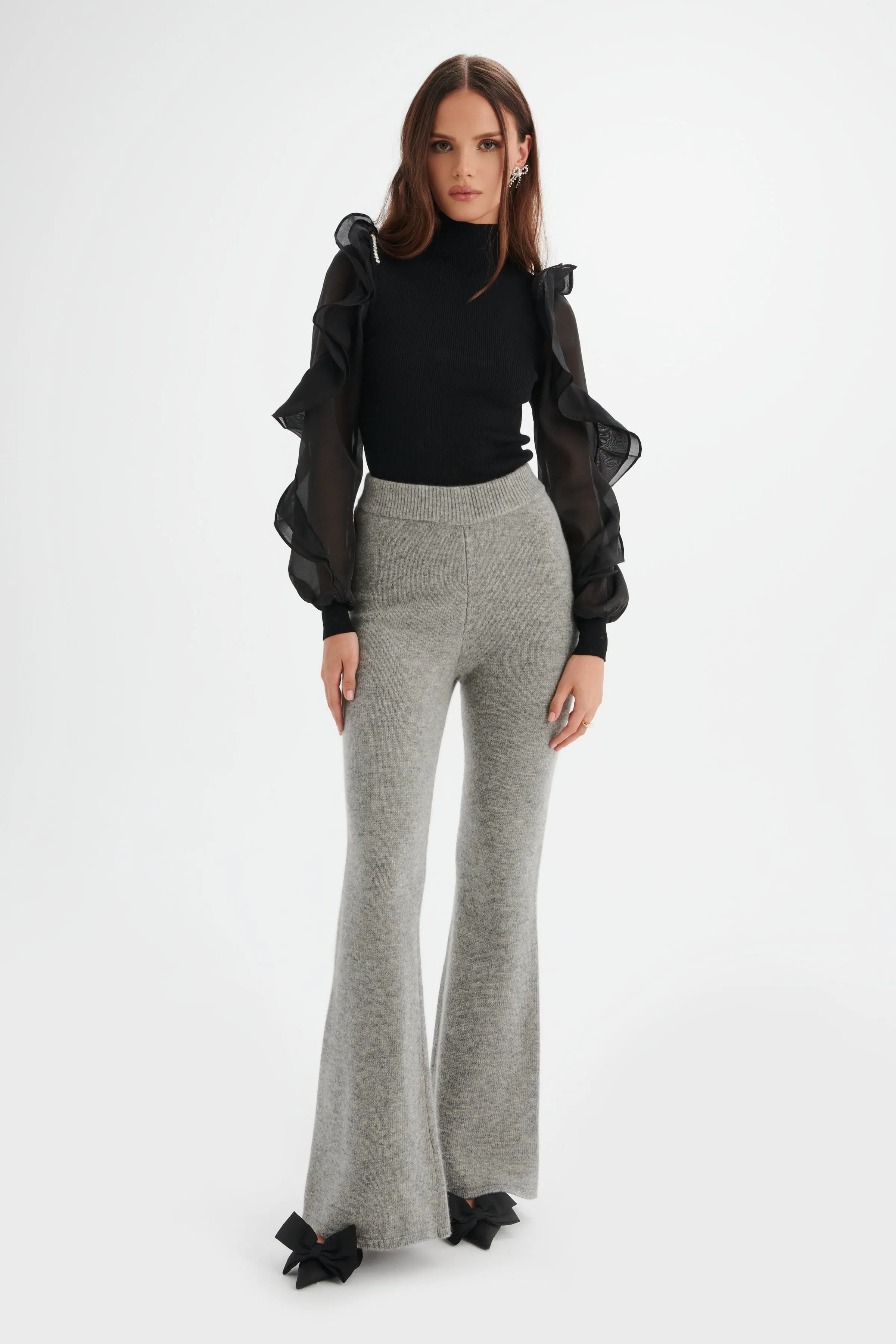 AYZEL Knitted Cashmere Blend Fit & Flare Trousers In Grey