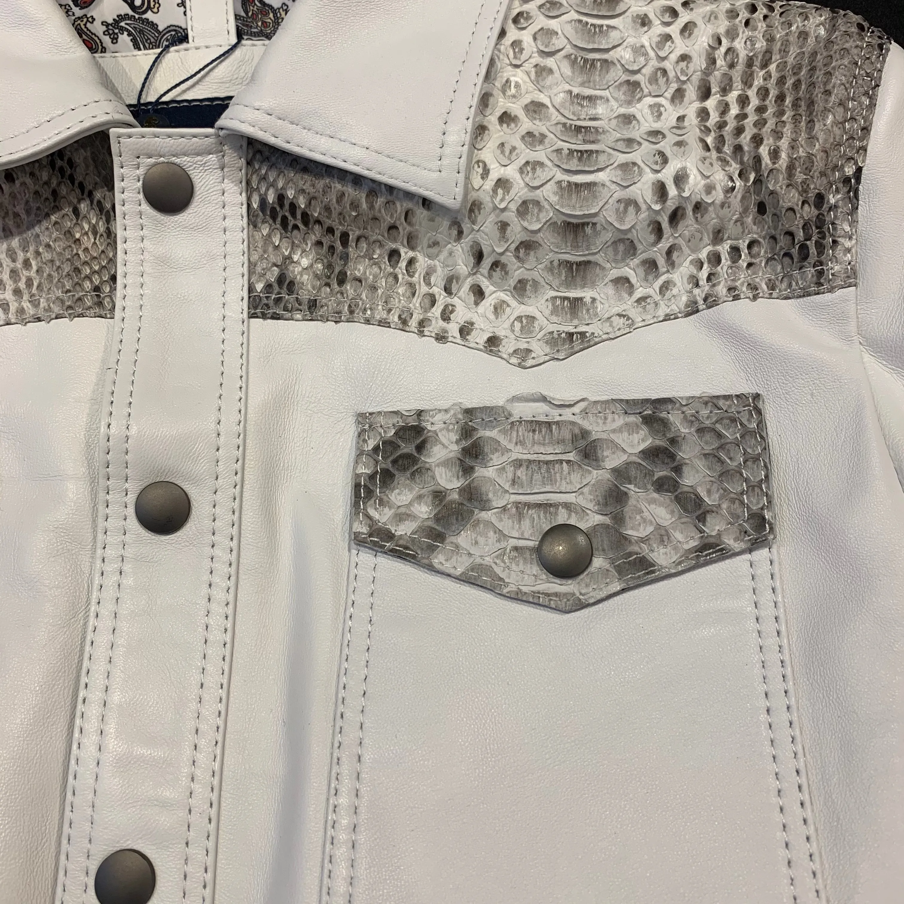 Barya NewYork White/Natural Python Snakeskin Button-Up Shirt