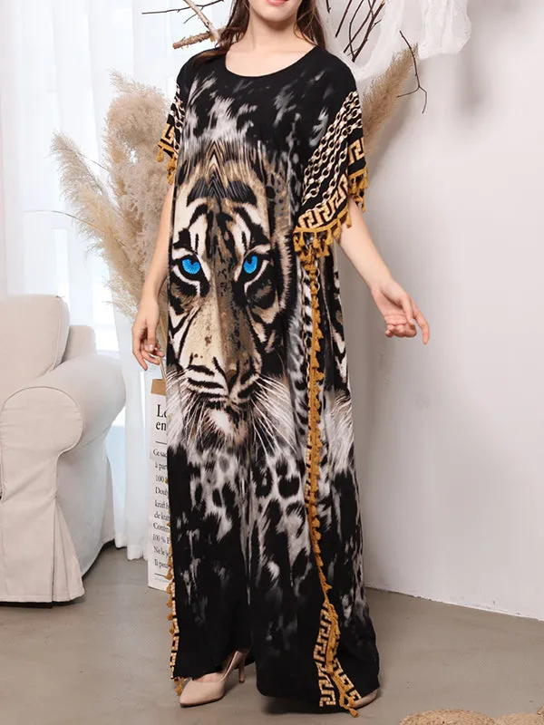 Batwing Sleeves Loose Muslim Tasseled Tiger Printed Maxi Dresses