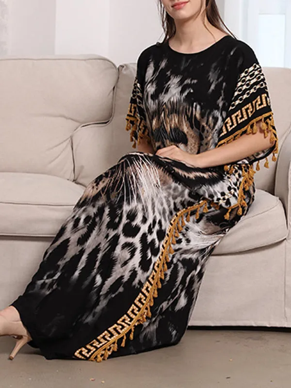 Batwing Sleeves Loose Muslim Tasseled Tiger Printed Maxi Dresses