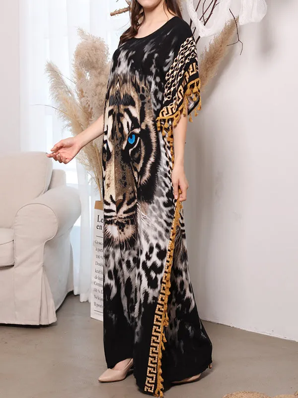 Batwing Sleeves Loose Muslim Tasseled Tiger Printed Maxi Dresses