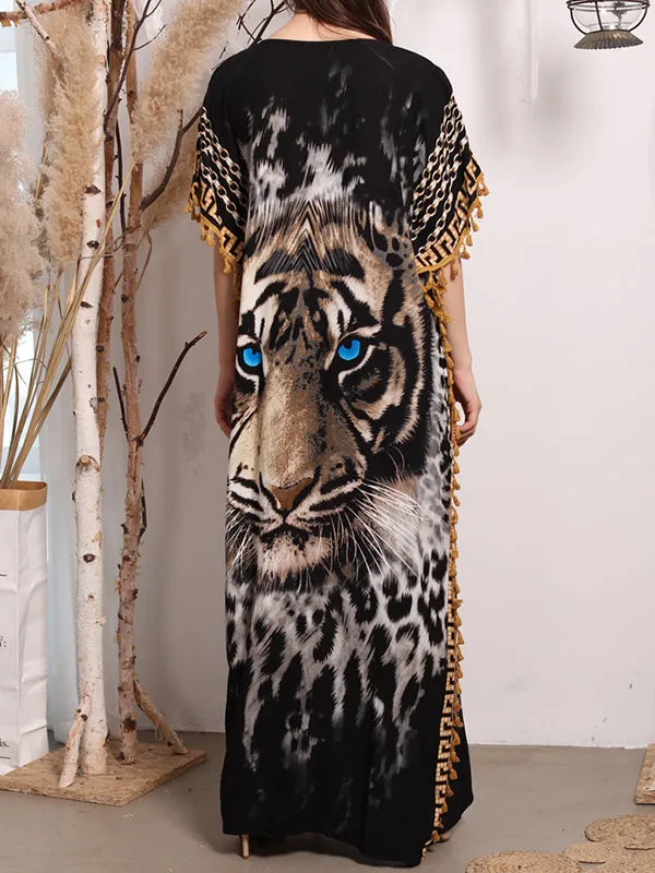 Batwing Sleeves Loose Muslim Tasseled Tiger Printed Maxi Dresses