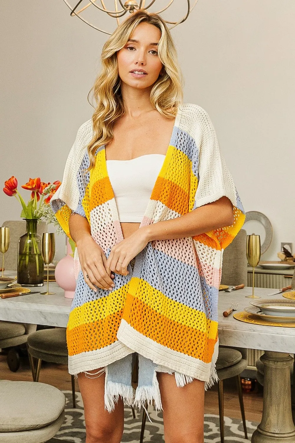 Beachy Striped Open Front Knit Cardigan