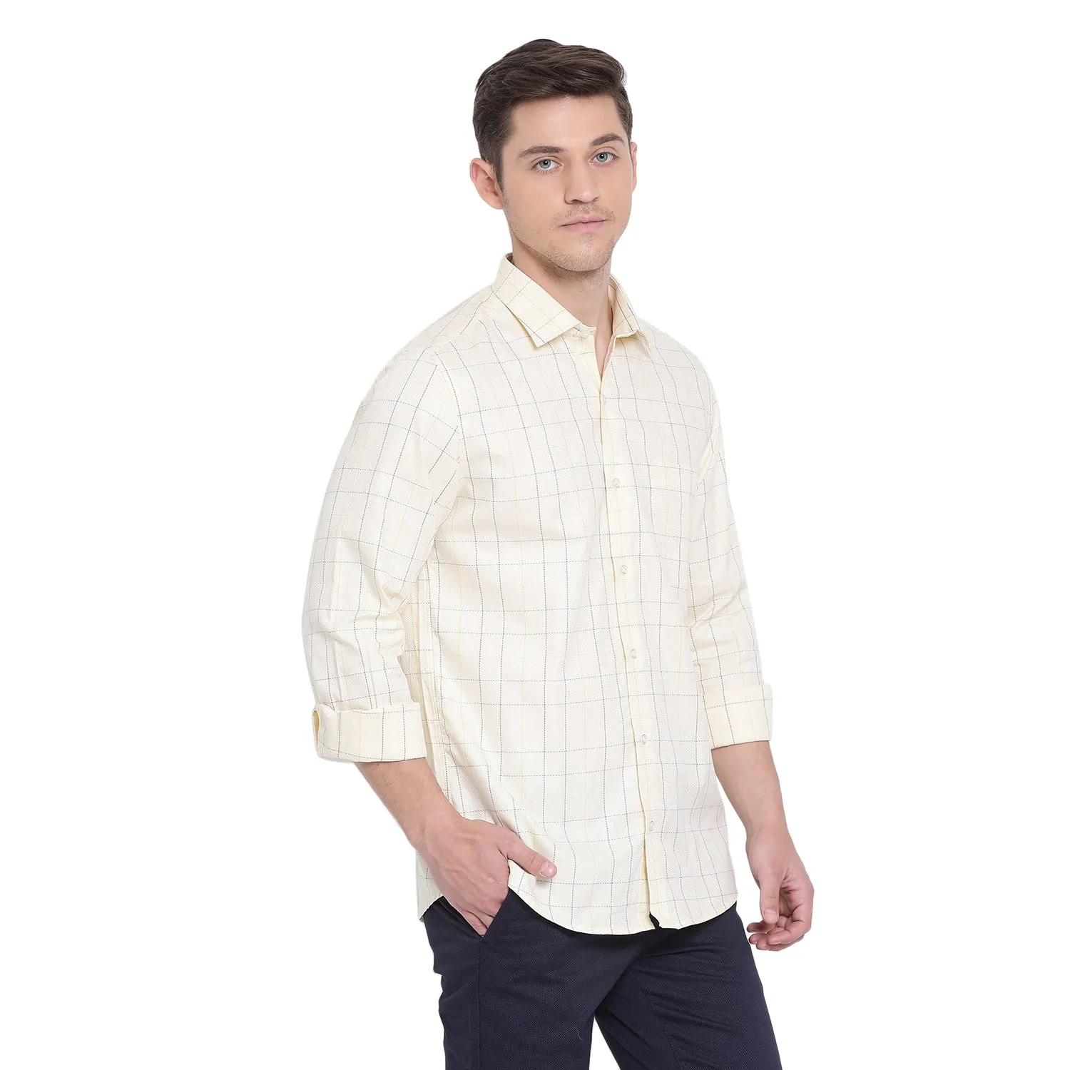 Beige Cotton Self Design Slim Fit Shirts