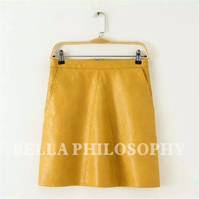 Bella Philosophy 2017 spring high waist Skrit PU faux leather women skirt pink yellow black green blue zipper mini skirt women