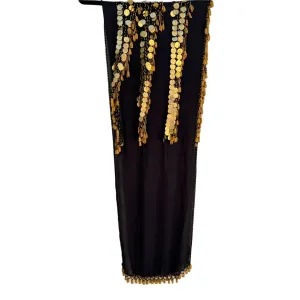 Belly Dancer Vintage Black Gold Chiffon Beaded Tassel Handmade Scarf Wrap Shawl