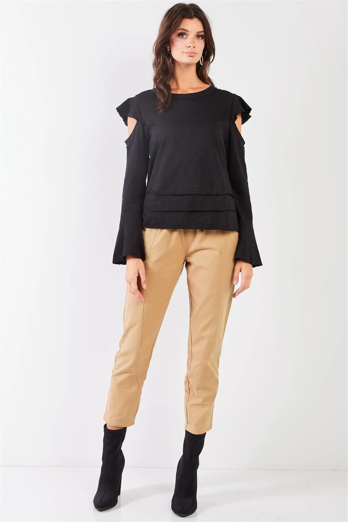 Black Cut-Out Shoulder Bell Sleeve Raw Edge Detail Layered Hem Top /2-2-2