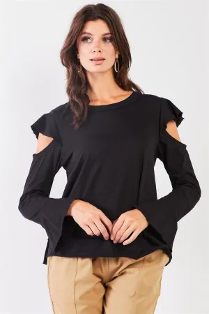 Black Cut-Out Shoulder Bell Sleeve Raw Edge Detail Layered Hem Top /2-2-2