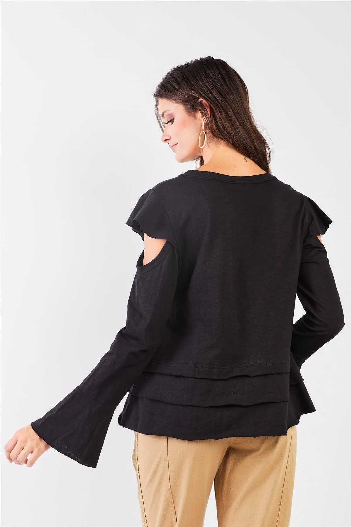 Black Cut-Out Shoulder Bell Sleeve Raw Edge Detail Layered Hem Top /2-2-2