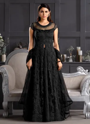 Black Embroidered Slit Style Anarkali Pant Suit