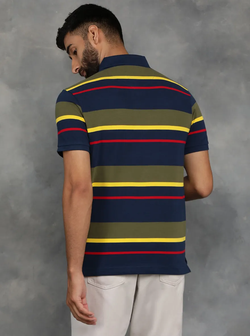 Blue & Green Striped Slim Fit Polo T-Shirt | JadeBlue