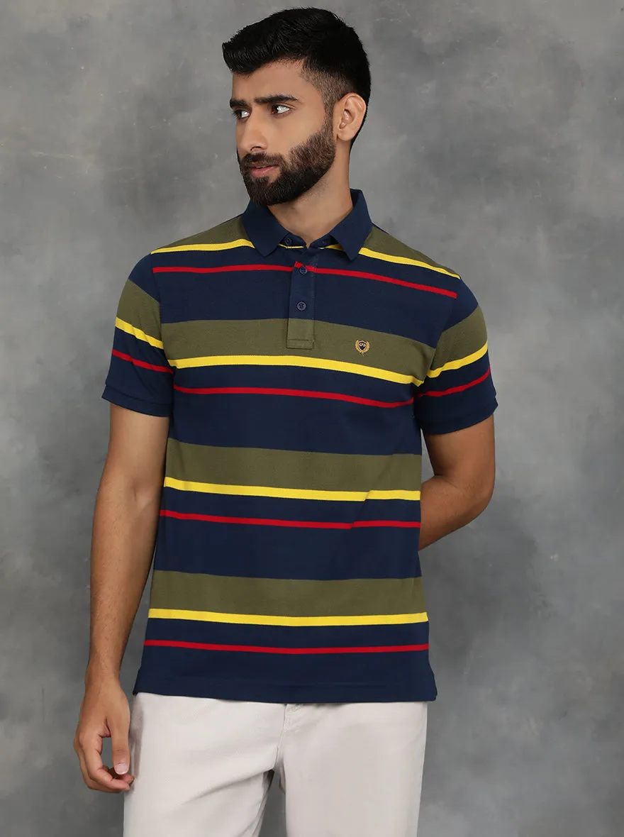 Blue & Green Striped Slim Fit Polo T-Shirt | JadeBlue