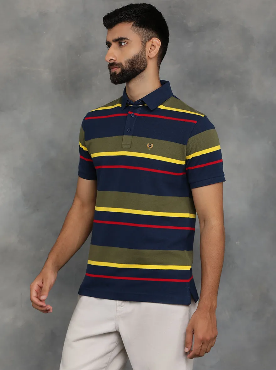 Blue & Green Striped Slim Fit Polo T-Shirt | JadeBlue