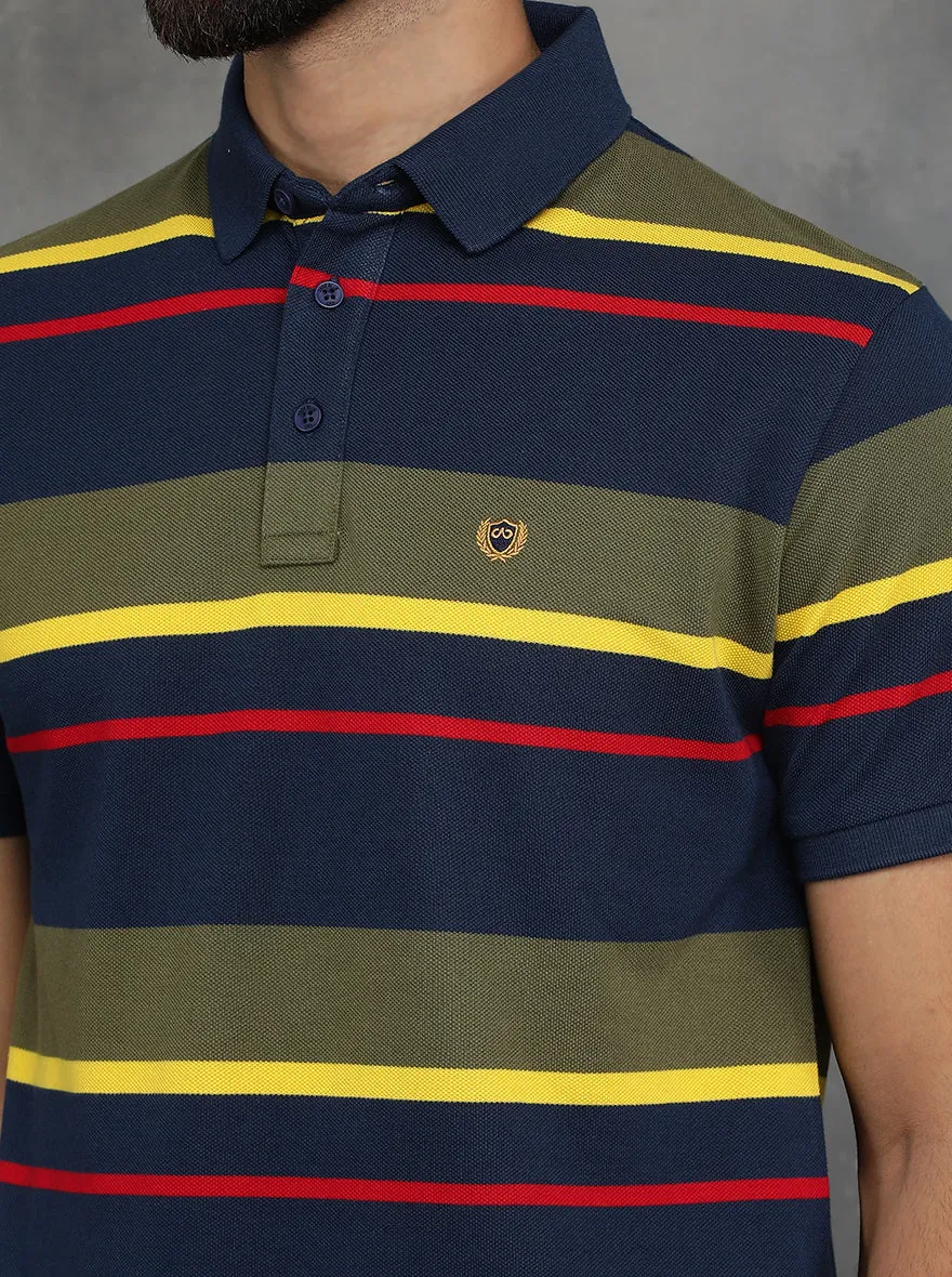 Blue & Green Striped Slim Fit Polo T-Shirt | JadeBlue