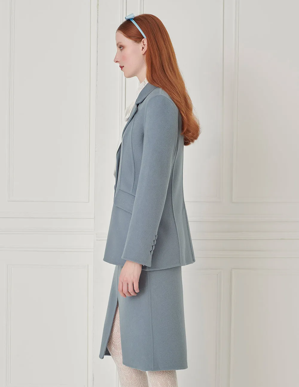 BORA AKSU Slit Knee-Length Straight Wool Blue Skirt