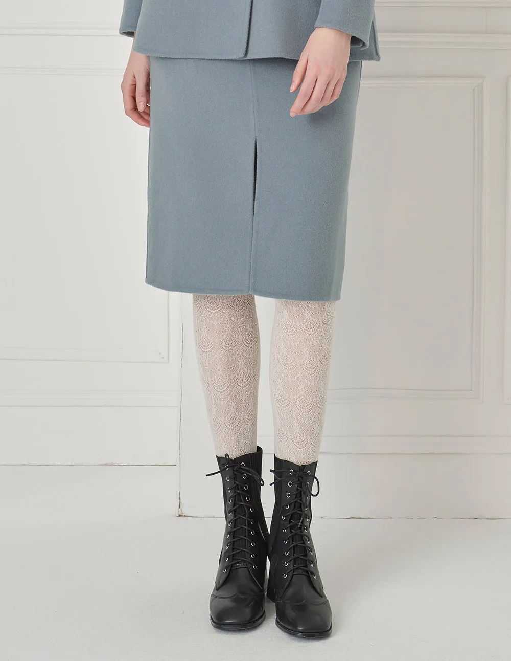 BORA AKSU Slit Knee-Length Straight Wool Blue Skirt