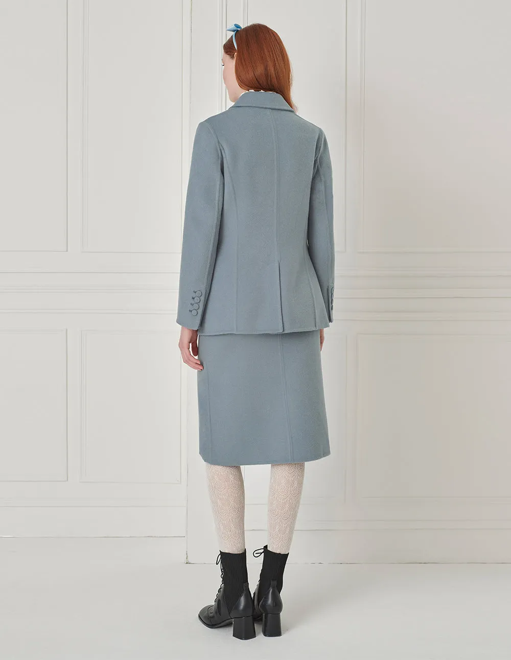 BORA AKSU Slit Knee-Length Straight Wool Blue Skirt