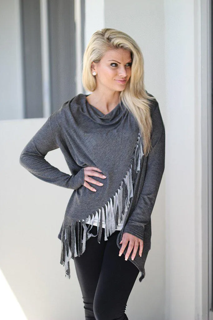 Charcoal Fringe Wrap Top