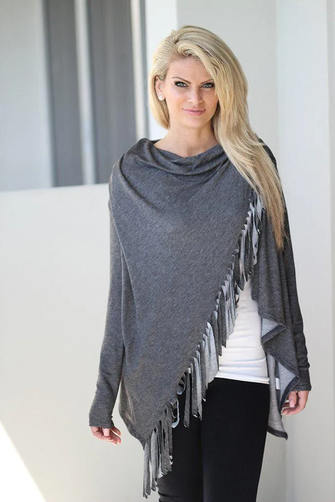 Charcoal Fringe Wrap Top