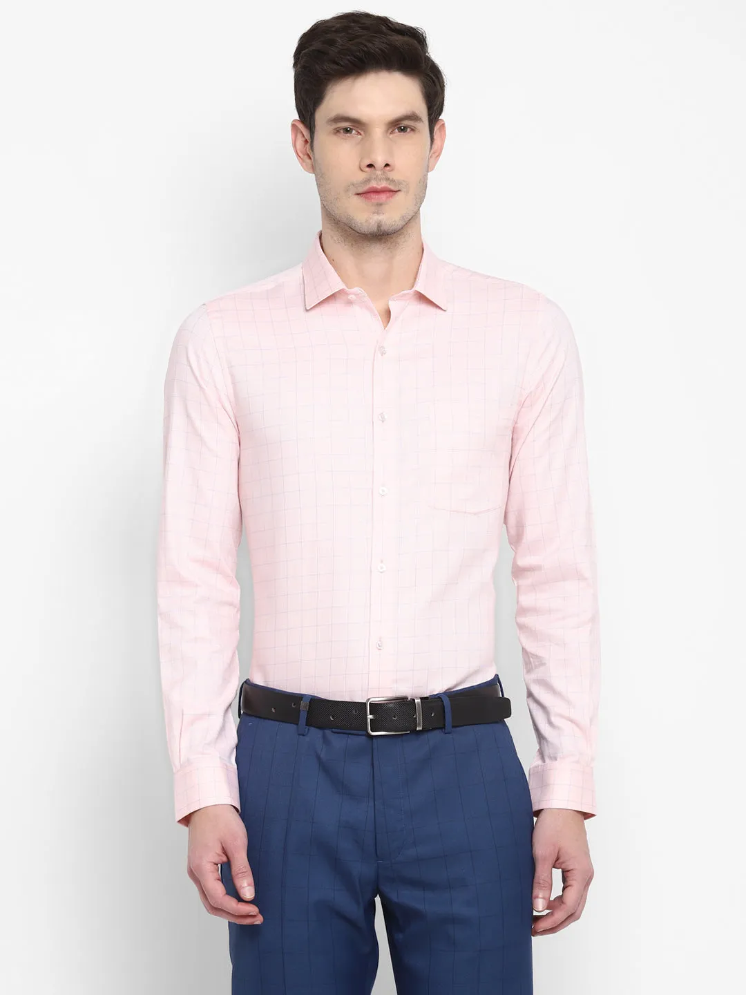 Checked Peach Slim Fit Formal Shirt