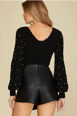 Chrissy Pearl Beaded Long Sleeve Sweater Bodysuit (4 colors)