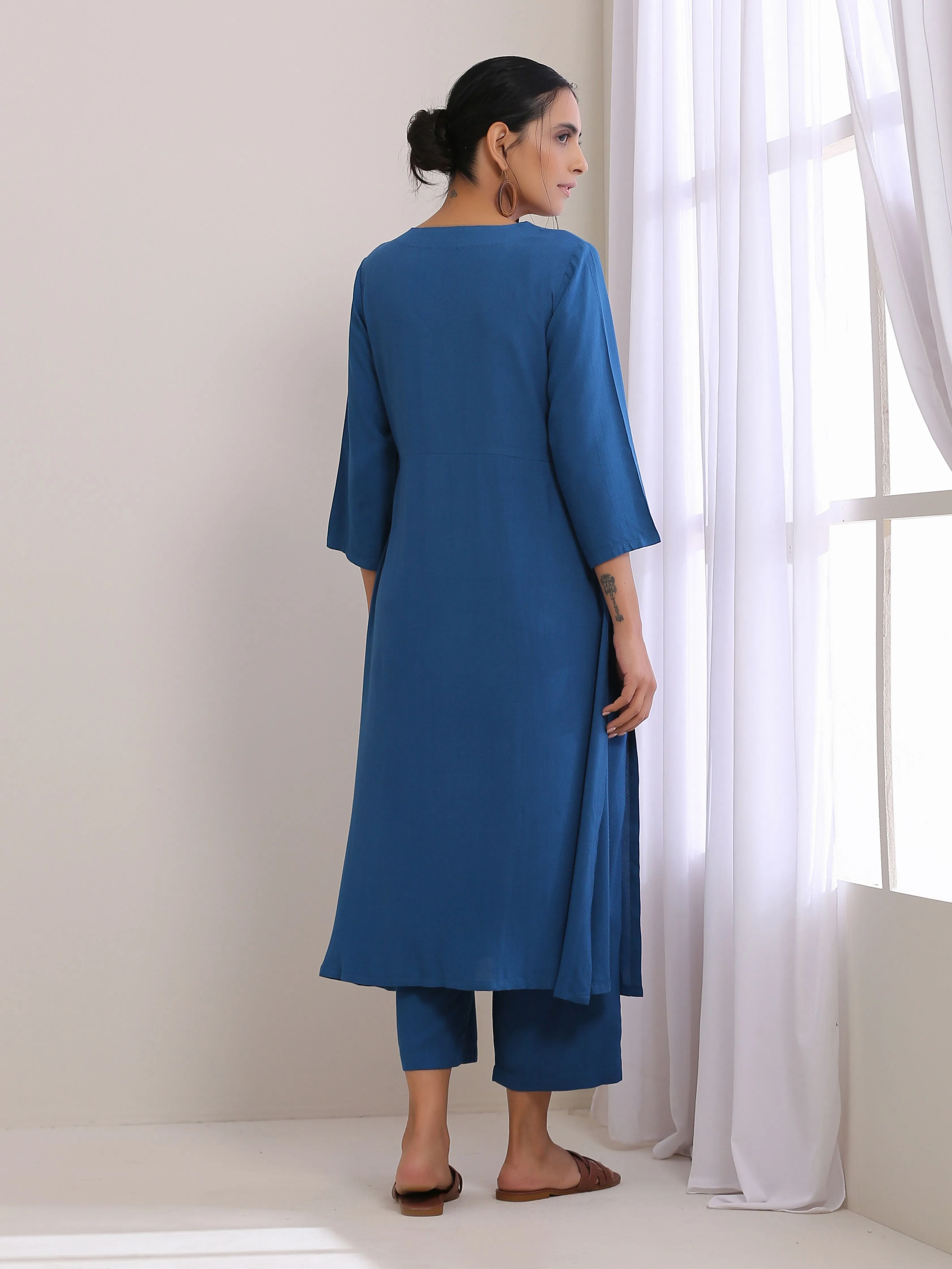 Classic Blue Dobby High Slit Gathered Kurta Set