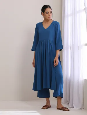 Classic Blue Dobby High Slit Gathered Kurta Set