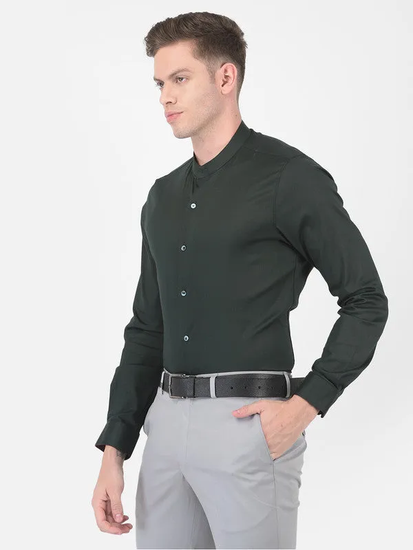 Cotton Blend Dark Green Slim Fit Solid Shirt