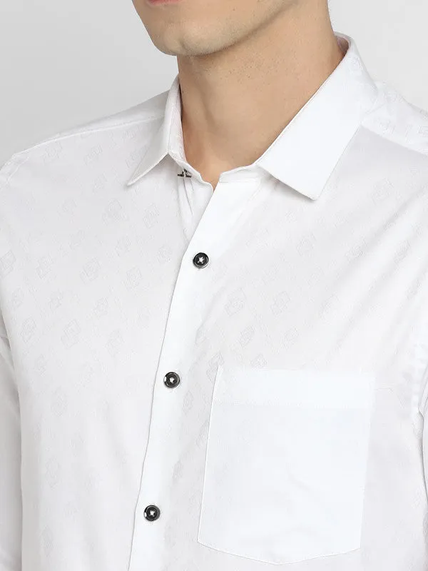 Cotton Blend White Slim Fit Self Design Shirt