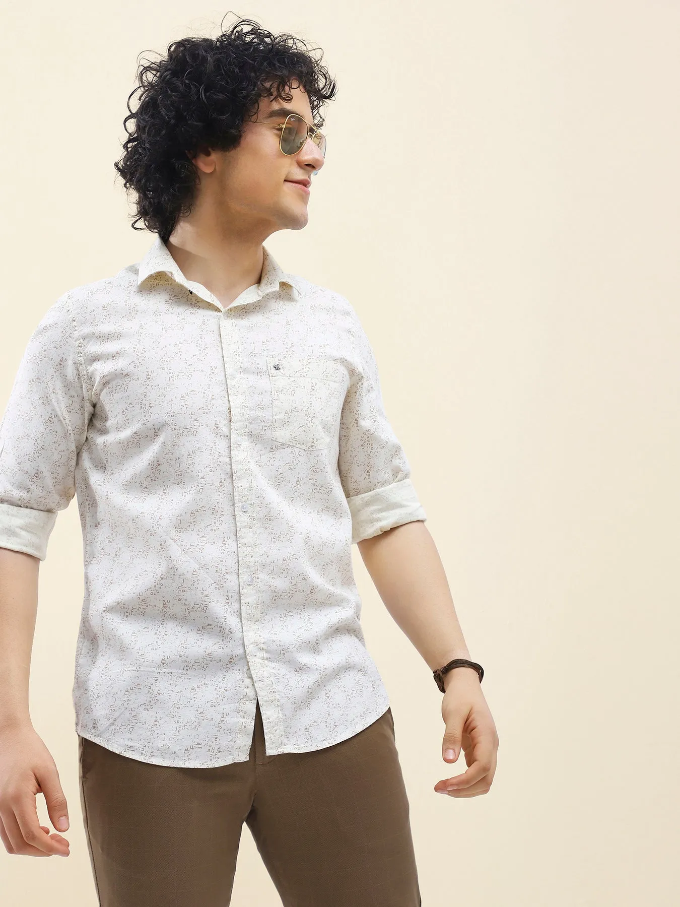 Cotton Cream Printed Full Sleeve Casual Shirt