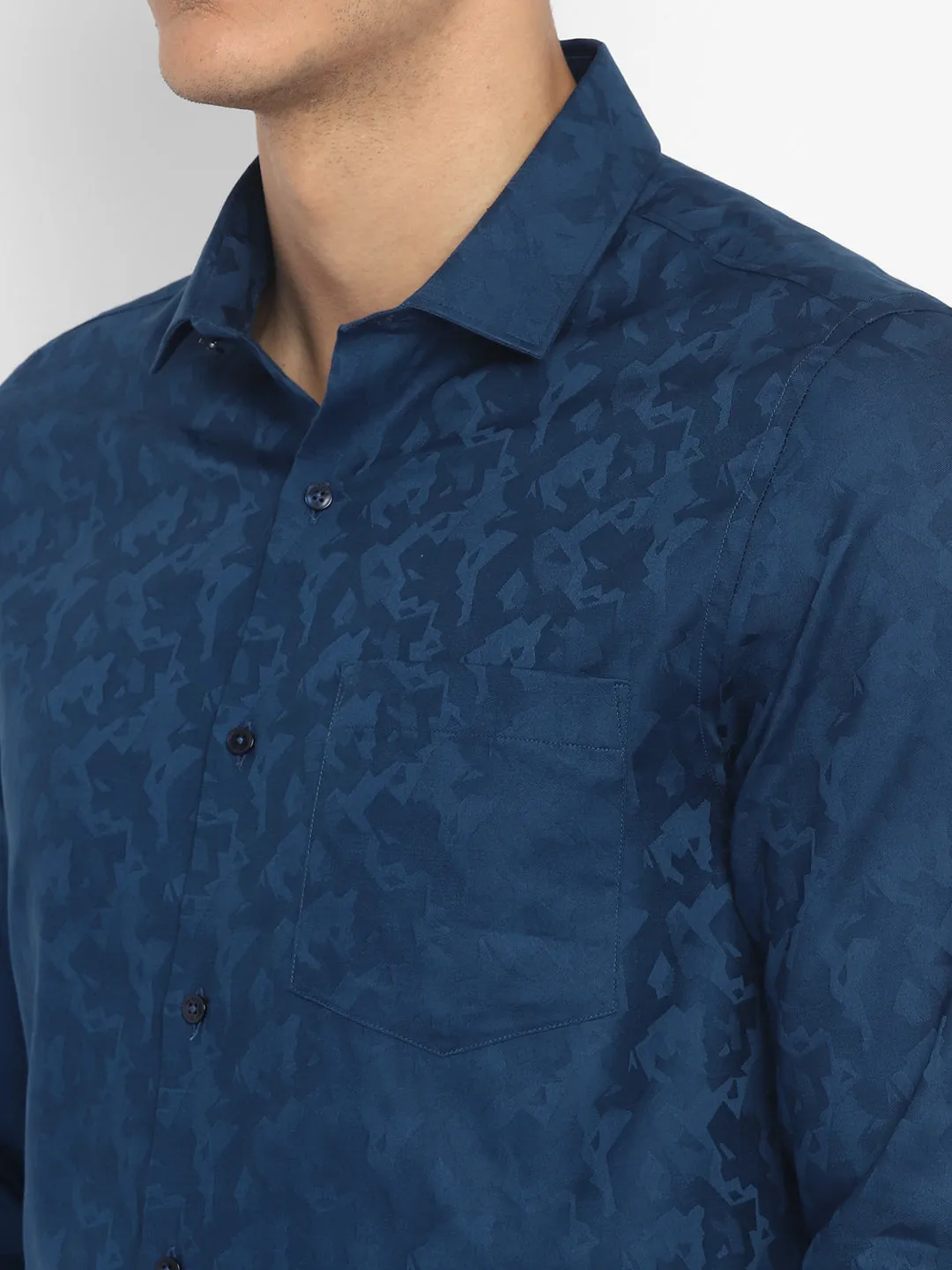 Cotton Dark Blue Slim Fit Self Design Shirt