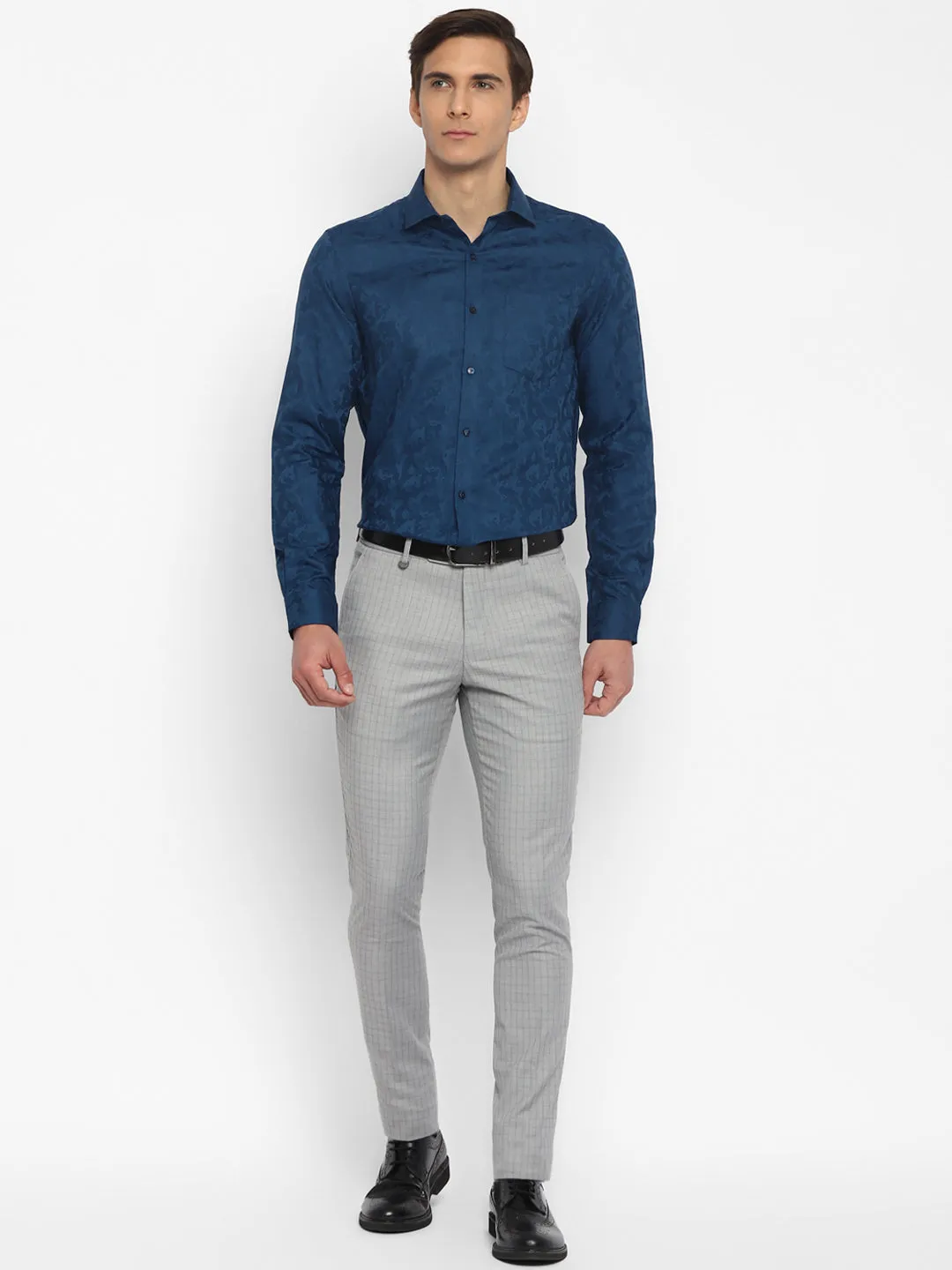 Cotton Dark Blue Slim Fit Self Design Shirt