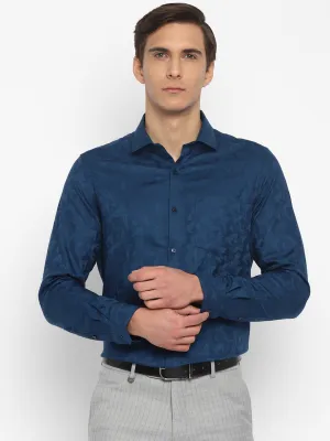 Cotton Dark Blue Slim Fit Self Design Shirt