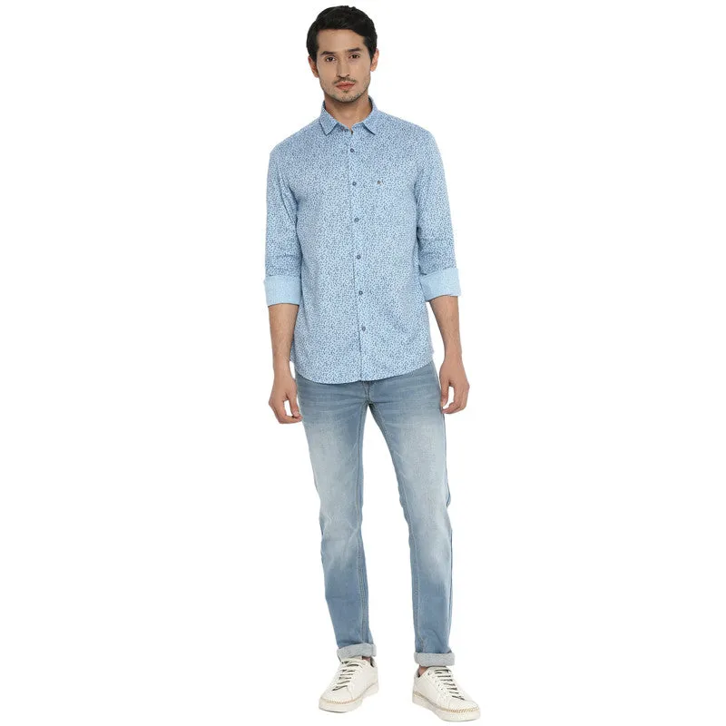 Cotton Light Blue Printed Slim Fit Casual Shirt